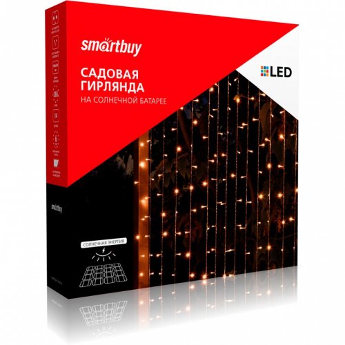 Гирлянда светодиодная Smartbuy на солнечной батарее "Занавес" Теплый белый свет IP20 1,8х2м картинка 